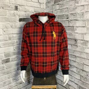 Polo Ralph Lauren Hoodie Mens XL Red Black Plaid Big Pony Preppy Sweatshirt 90s